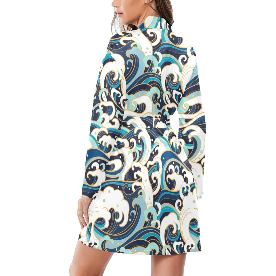 Japanese wave pattern Women's Long Sleeve Belted Night Robe