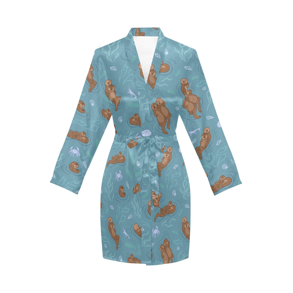 Sea otters pattern Women's Long Sleeve Belted Night Robe