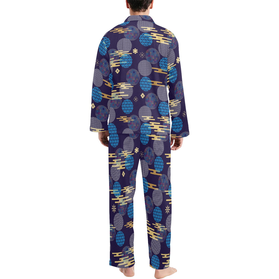 Blue japanese pattern cloud wave flower Men's Long Pajama Set