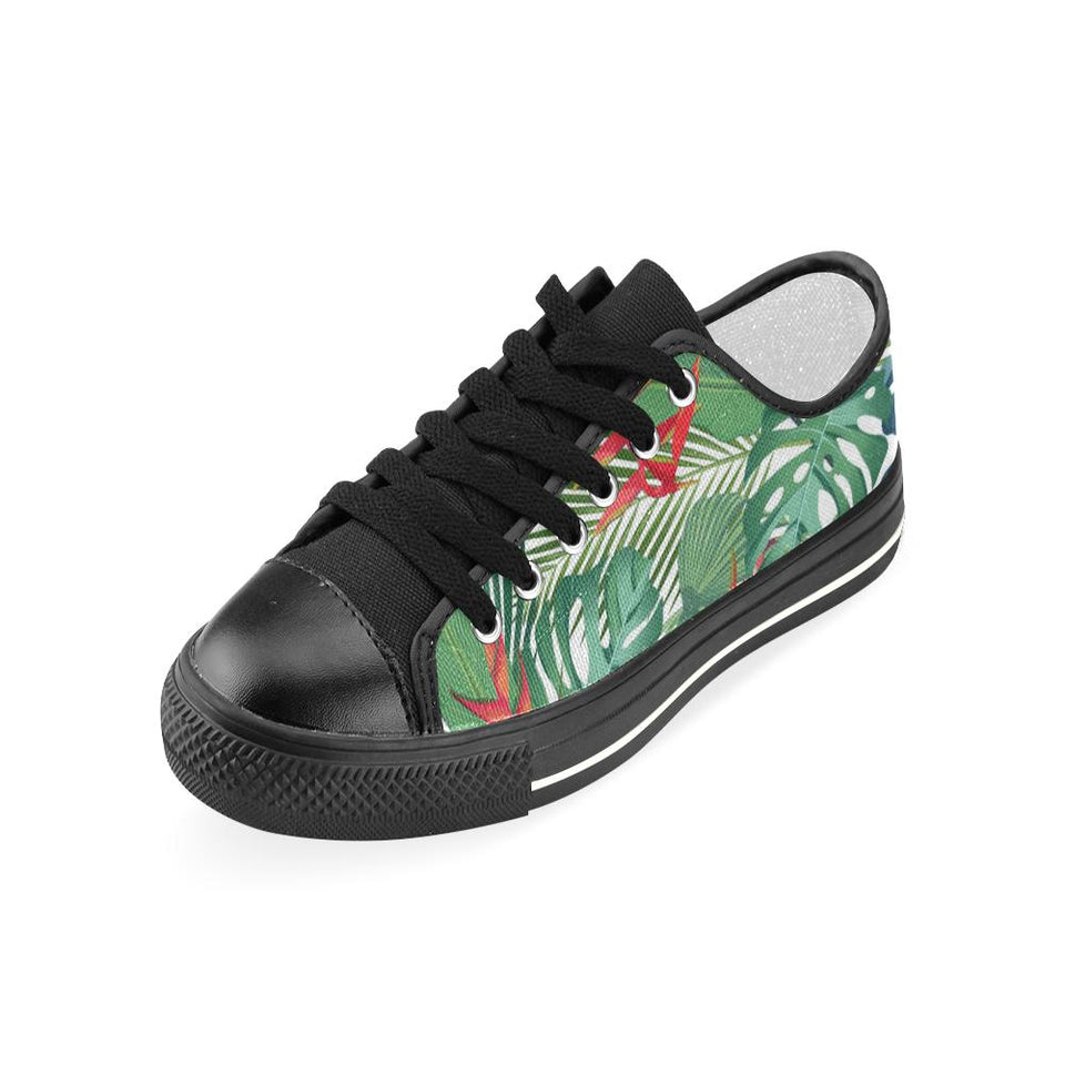 heliconia palm and monstera  leaves pattern Kids' Boys' Girls' Low Top Canvas Shoes Black