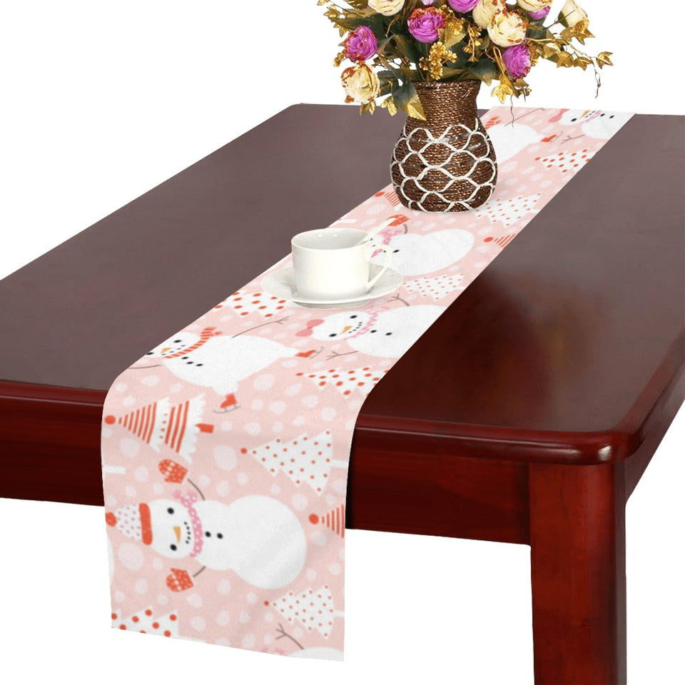 Cute snowman christmas tree snowpink background Table Runner