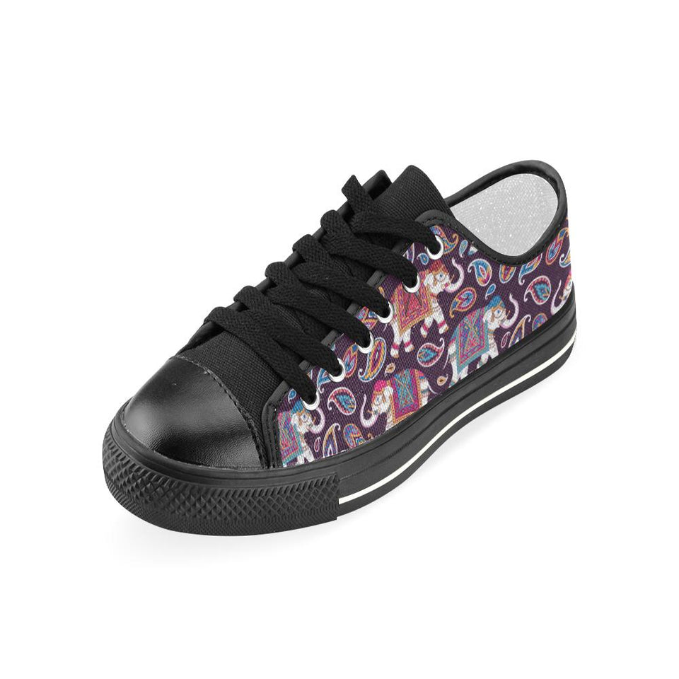 Elephant indian style ornament pattern Kids' Boys' Girls' Low Top Canvas Shoes Black