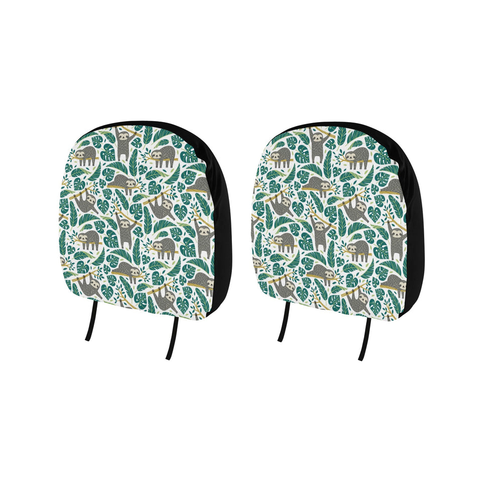 Cute sloths tropical palm leaves white background Car Headrest Cover