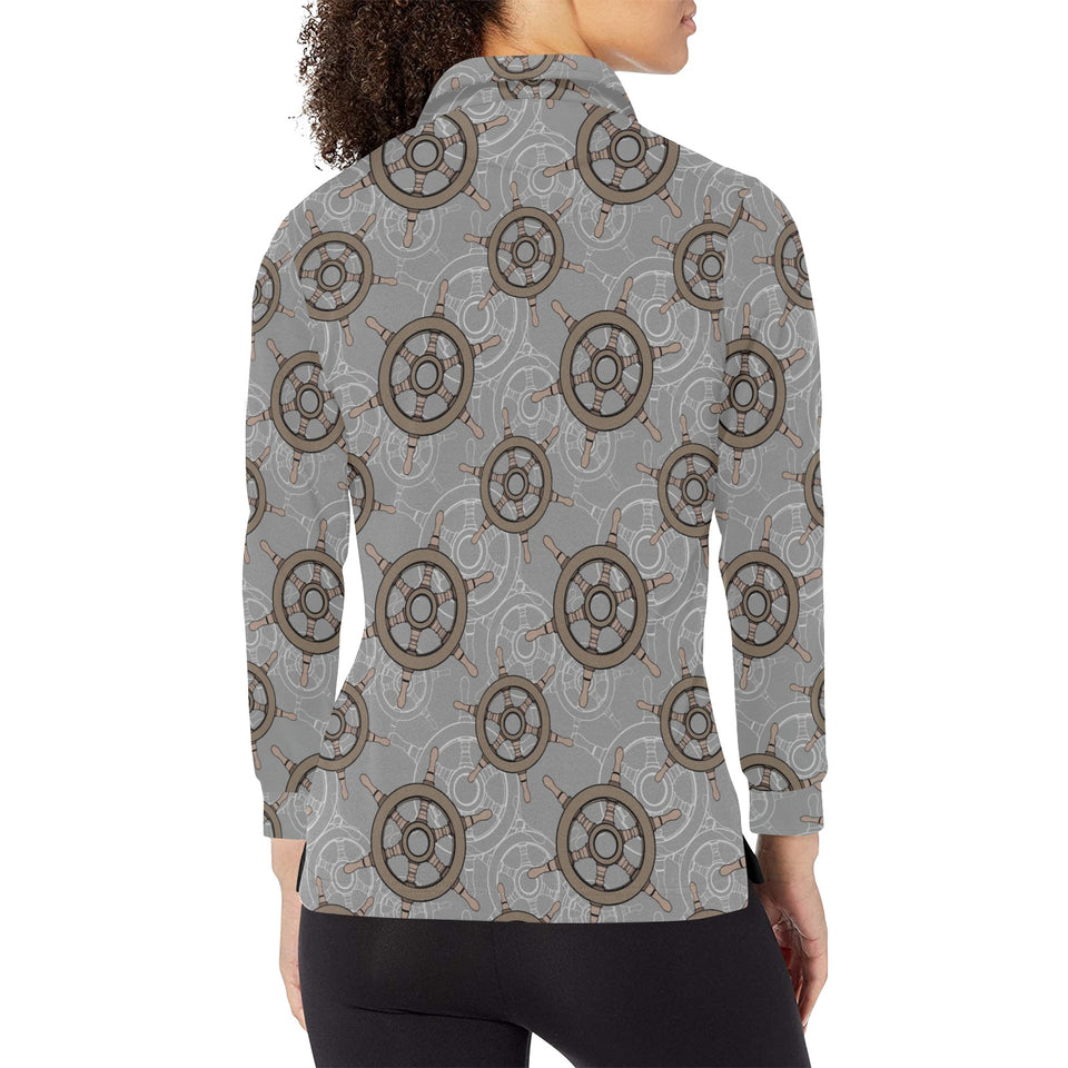 nautical wood steering wheel pattern Women's Long Sleeve Polo Shirt