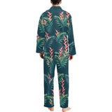 heliconia flowers, palm and monstera leaves on bla Men's Long Pajama Set