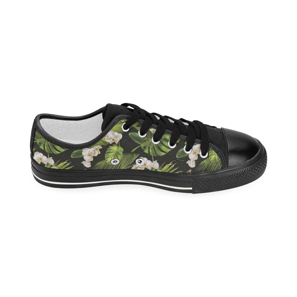White orchid flower tropical leaves pattern blackg Kids' Boys' Girls' Low Top Canvas Shoes Black