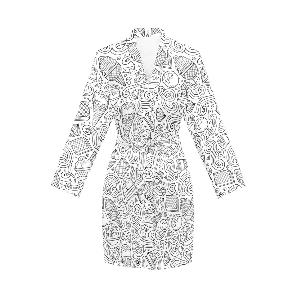 Cartoon hand drawn ice cream black white Women's Long Sleeve Belted Night Robe
