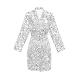 Cartoon hand drawn ice cream black white Women's Long Sleeve Belted Night Robe