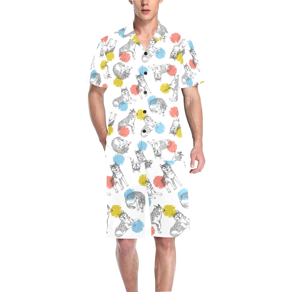 Siberian husky and colorful circle pattern Men's V-Neck Short Pajama Set