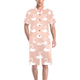 Swan flower light pink background Men's V-Neck Short Pajama Set