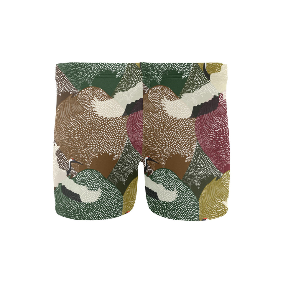 Japanese cranes flying forest dot pattern Men's Swimming Trunks