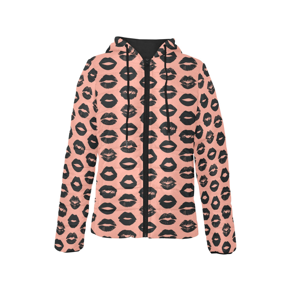 Lips Pattern Print Design 02 Women's Padded Hooded Jacket