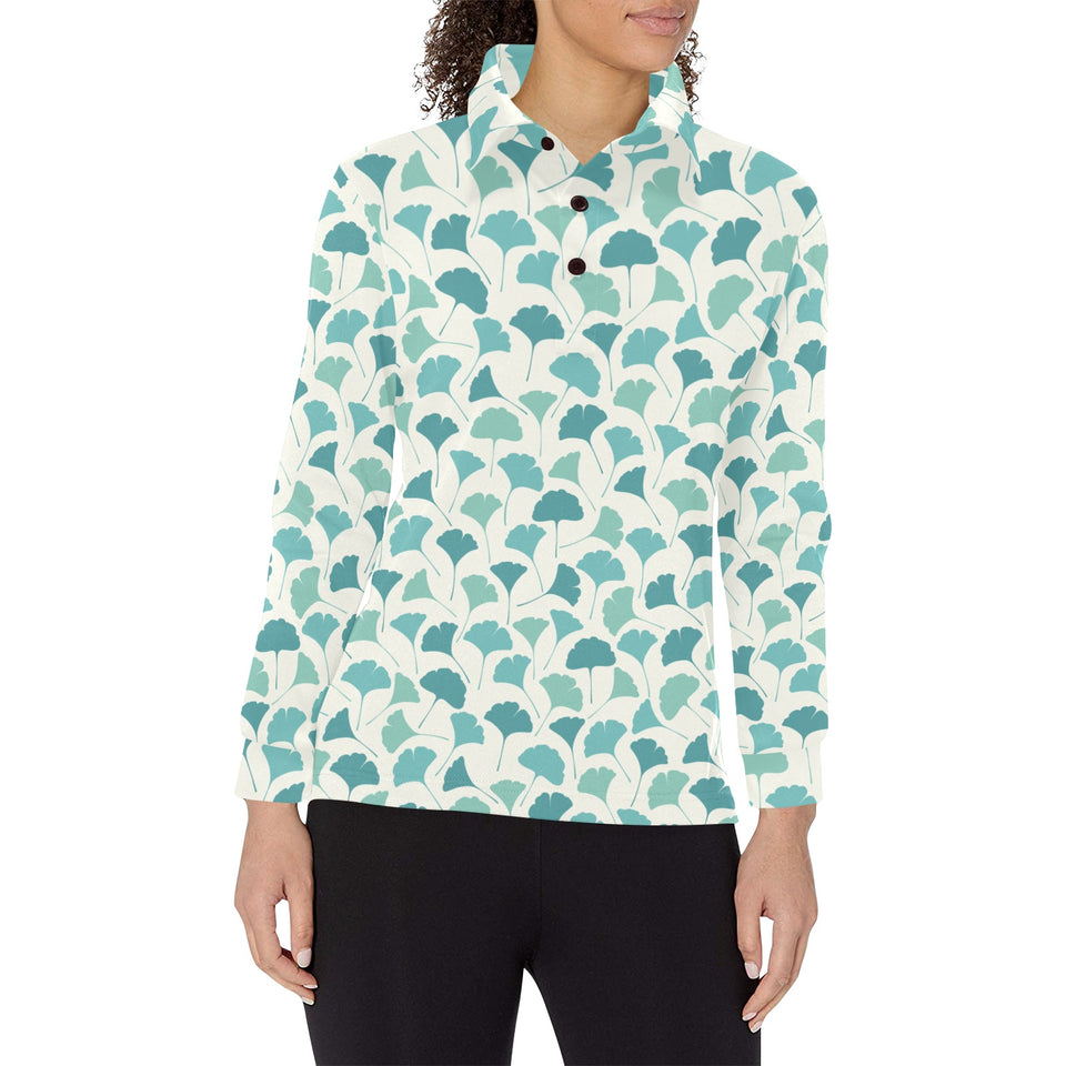 Green ginkgo leaves pattern Women's Long Sleeve Polo Shirt