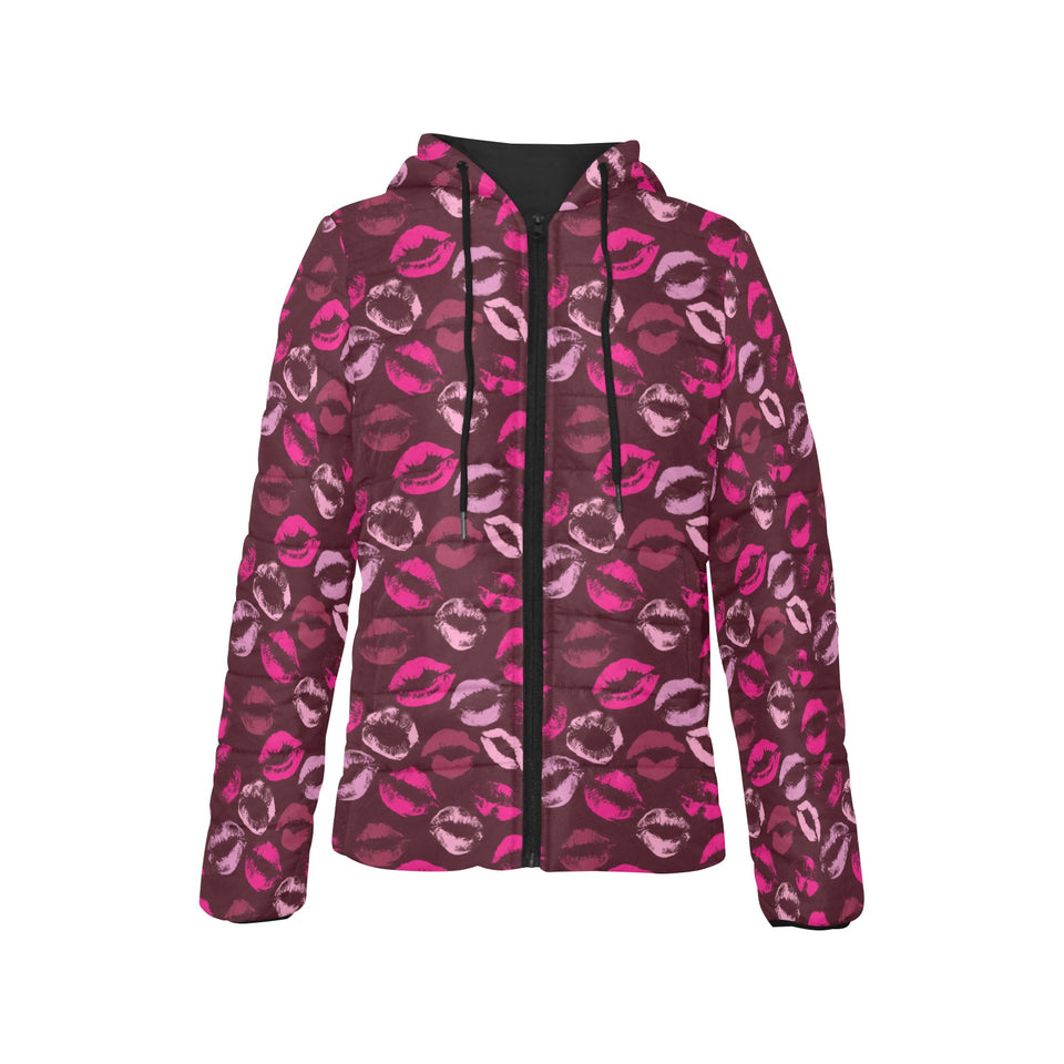 Lips Pattern Print Design 03 Women's Padded Hooded Jacket