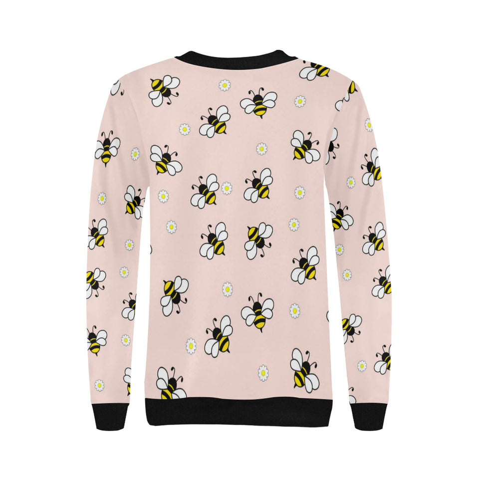 Cute bee flower pattern pink background Women's Crew Neck Sweatshirt