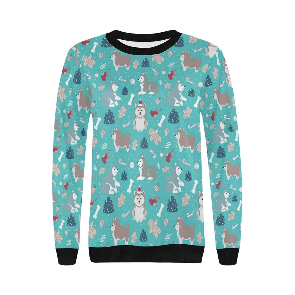 Christmas cute siberian husky puppie pattern Women's Crew Neck Sweatshirt