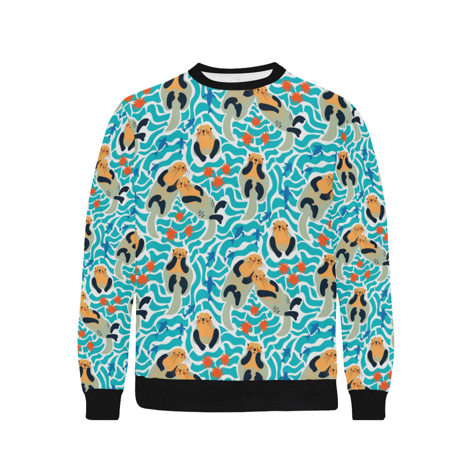 Cute sea otters fishe sea urchin pattern Men's Crew Neck Sweatshirt