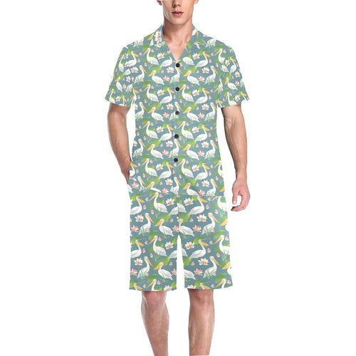 Pelican Pattern Print Design 04 Men's V-Neck Short Pajama Set