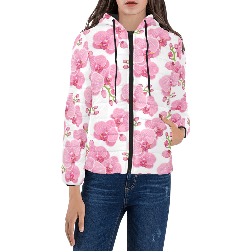 pink purple orchid pattern background Women's Padded Hooded Jacket