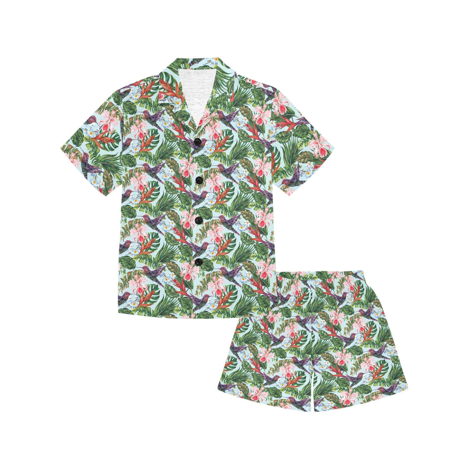Hummingbird Pattern Print Design 05 Kids' Boys' Girls' V-Neck Short Pajama Set