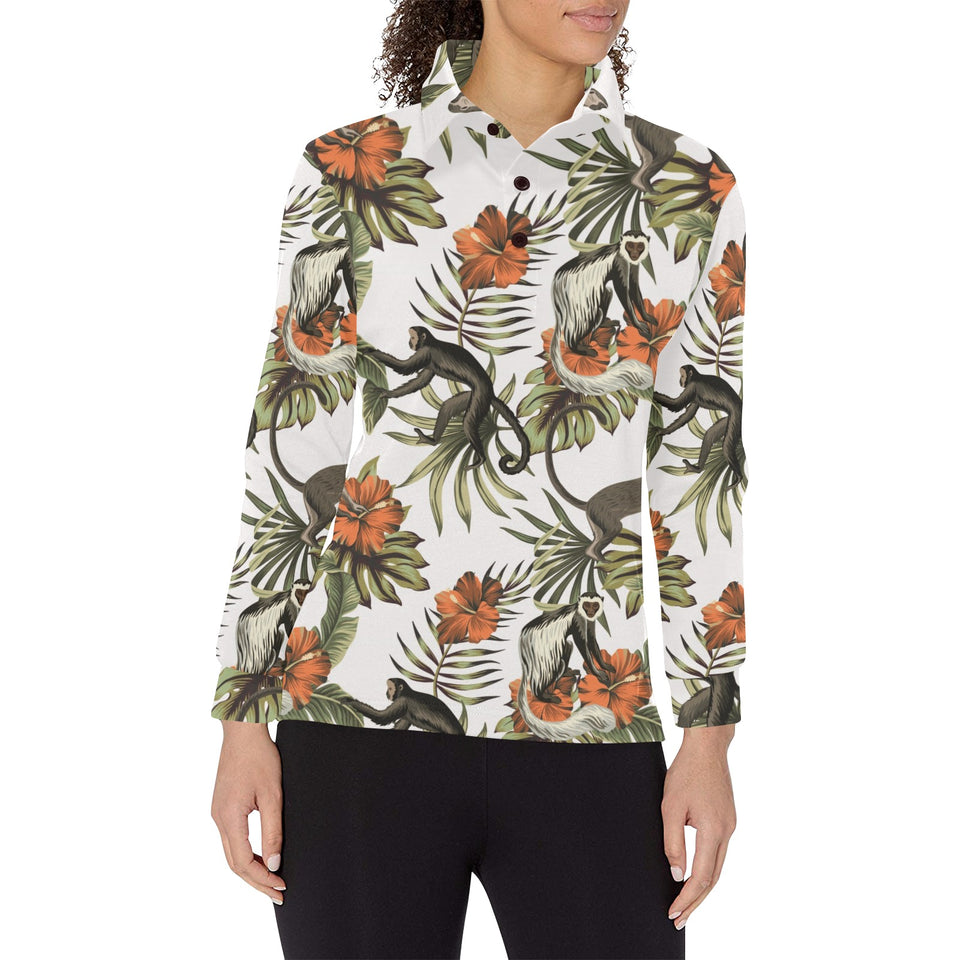 Monkey red hibiscus flower palm leaves floral patt Women's Long Sleeve Polo Shirt
