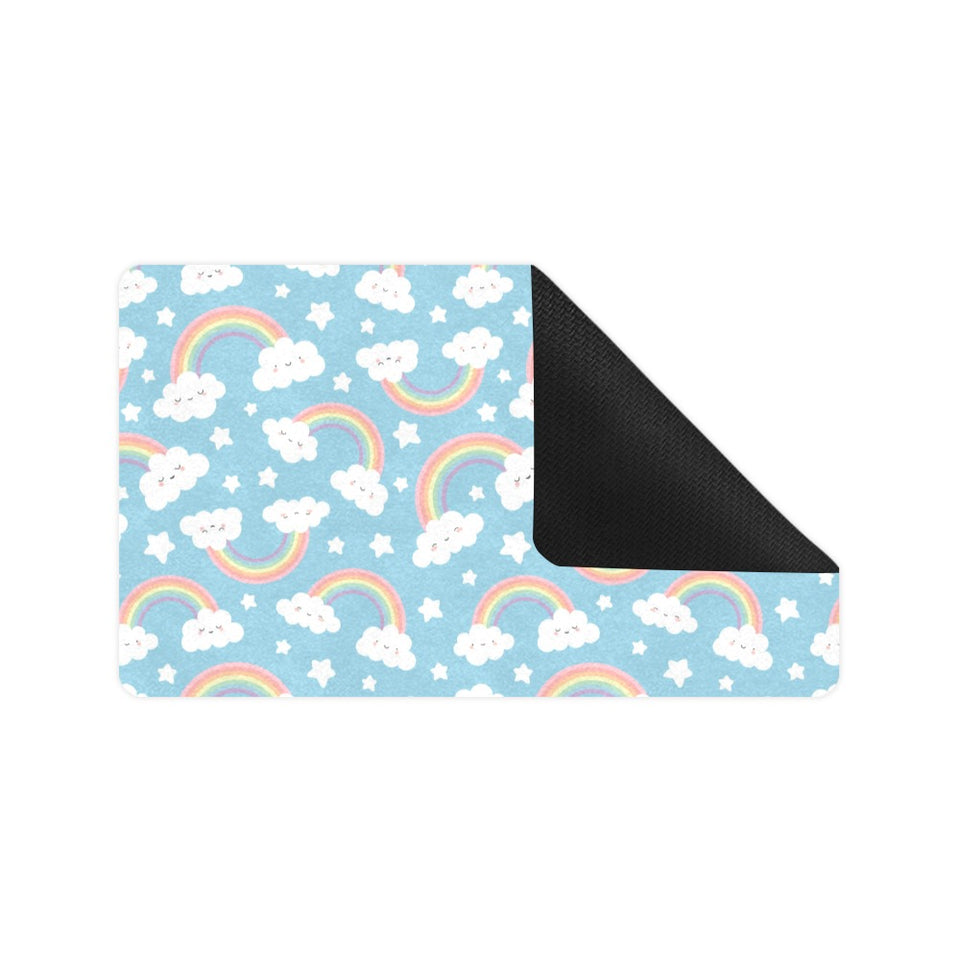 Cute rainbow clound star pattern blue background Doormat
