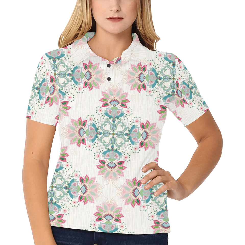 Square floral indian flower pattern Women's All Over Print Polo Shirt