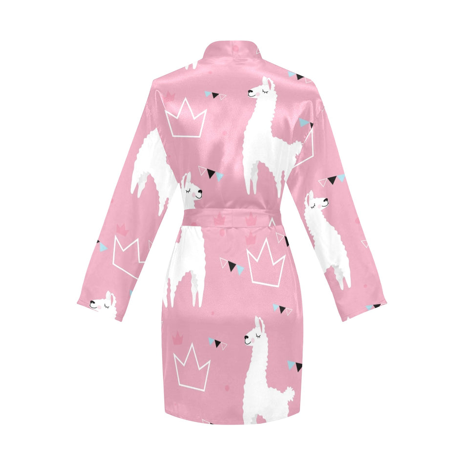 Llama Alpaca pink background Women's Long Sleeve Belted Night Robe