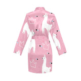 Llama Alpaca pink background Women's Long Sleeve Belted Night Robe