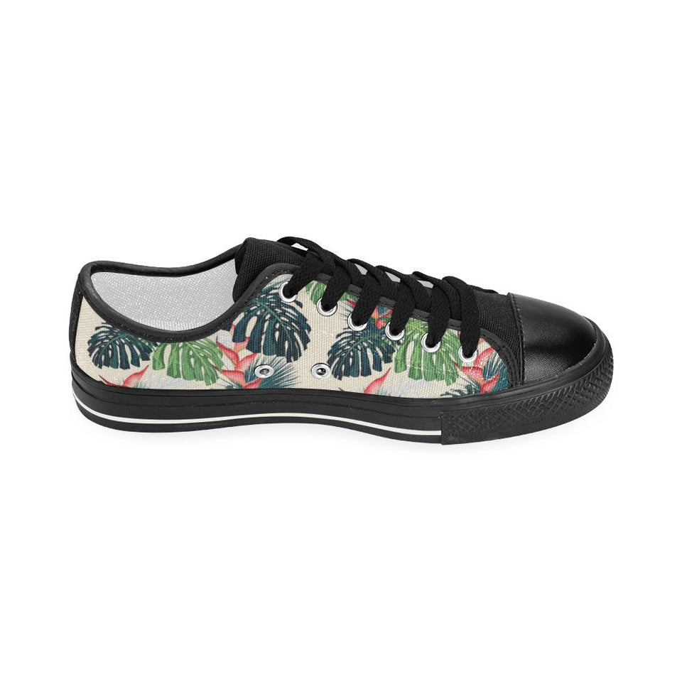 heliconia flowers, palm and monstera leaves Kids' Boys' Girls' Low Top Canvas Shoes Black