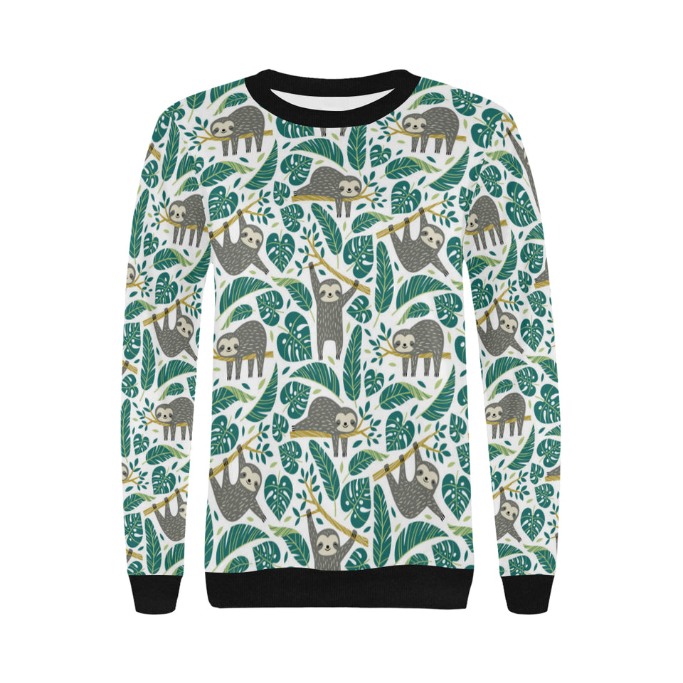 Cute sloths tropical palm leaves white background Women's Crew Neck Sweatshirt