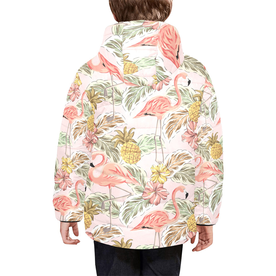 Pink flamingo birds pineapples hibiscus flower pat Kids' Boys' Girls' Padded Hooded Jacket
