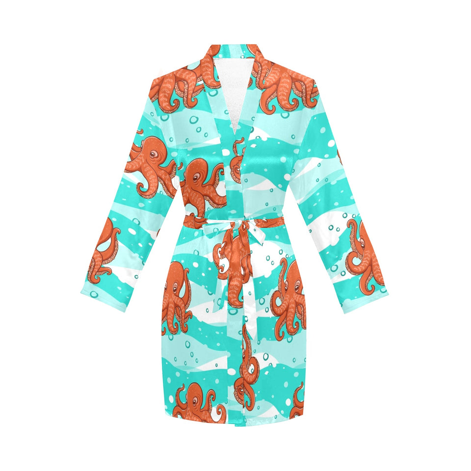 Octopuses sea wave background Women's Long Sleeve Belted Night Robe