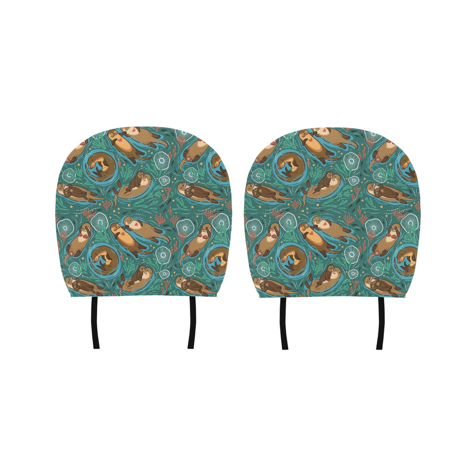 cute brown sea otters ornamental seaweed corals gr Car Headrest Cover