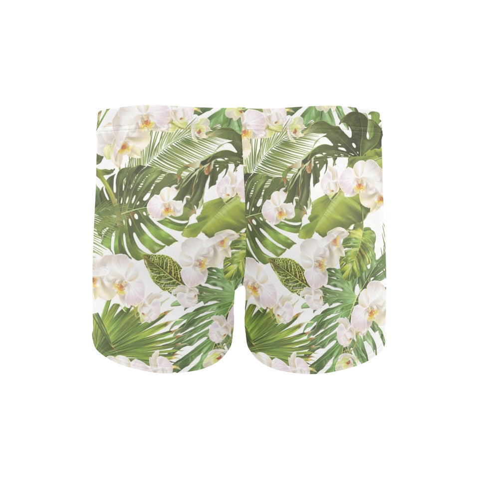 White orchid flower tropical leaves pattern Men's Swimming Trunks