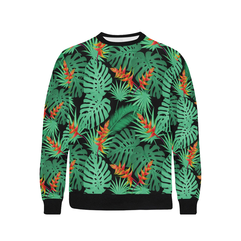 heliconia flower palm monstera leaves black backgr Men's Crew Neck Sweatshirt