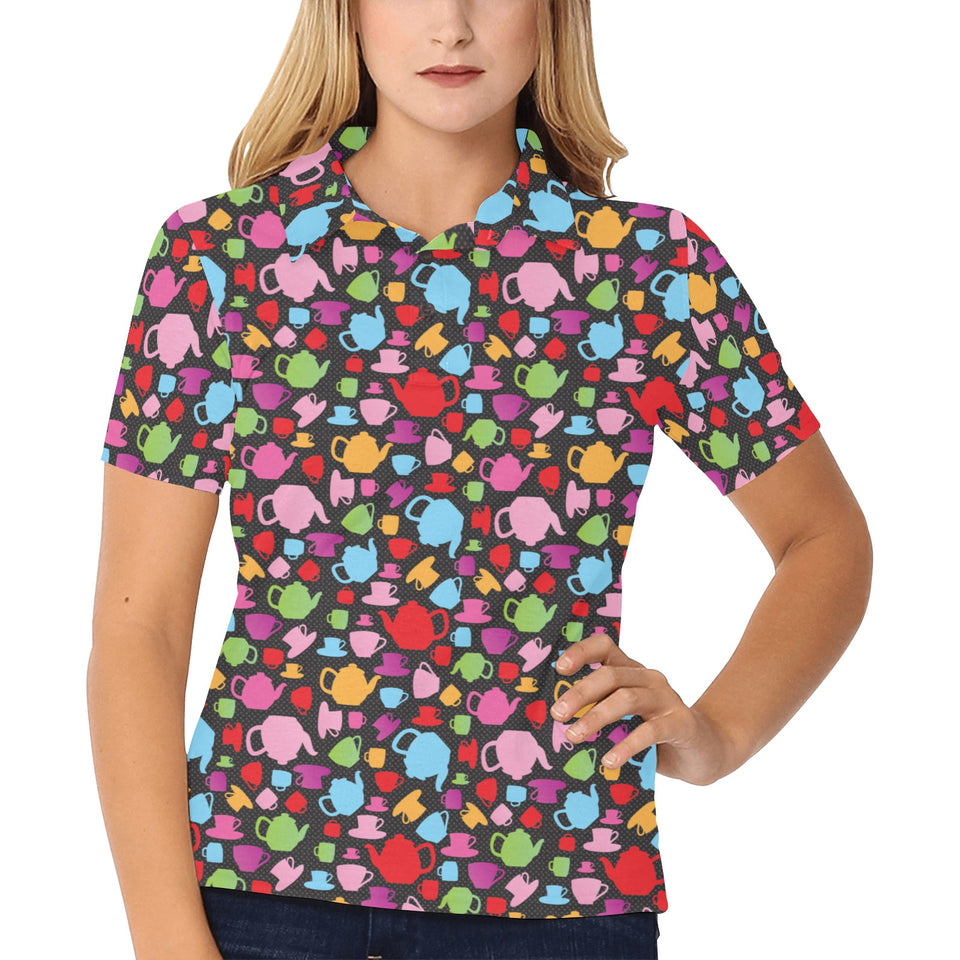 Tea pots Pattern Print Design 01 Women's All Over Print Polo Shirt