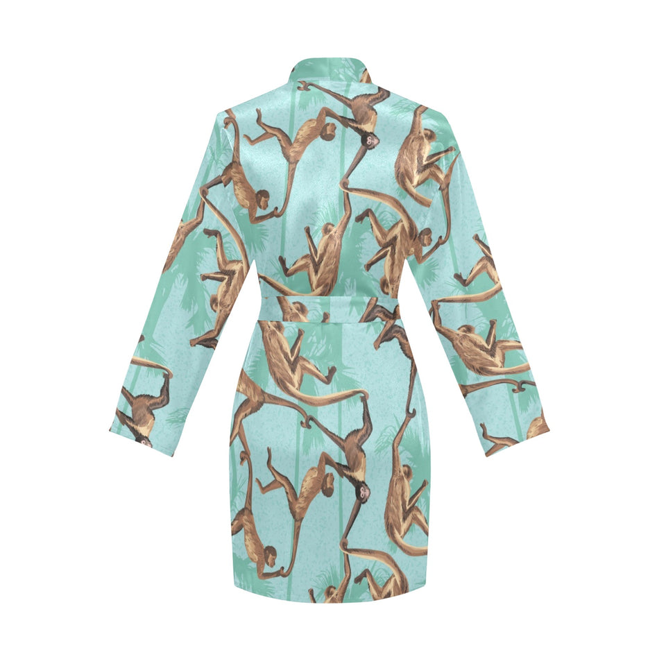 Monkey Palm tree background Women's Long Sleeve Belted Night Robe