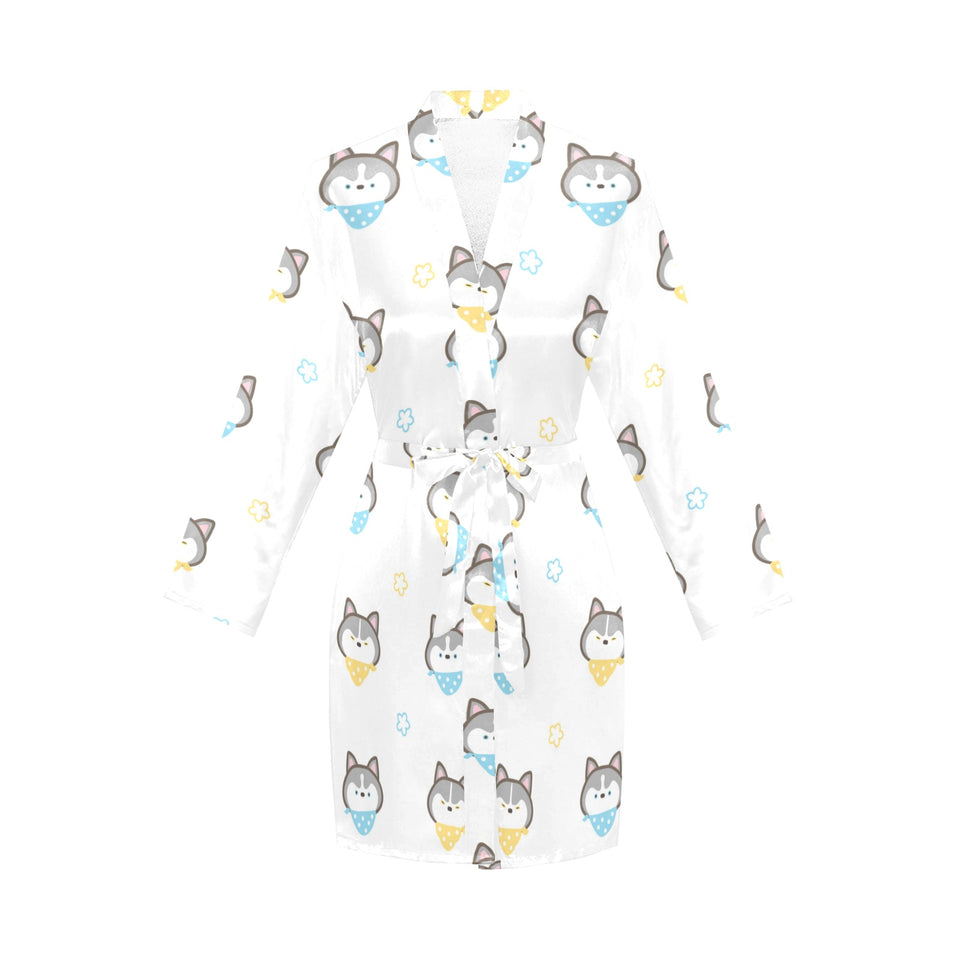 Cute Siberian Husky pattern Women's Long Sleeve Belted Night Robe