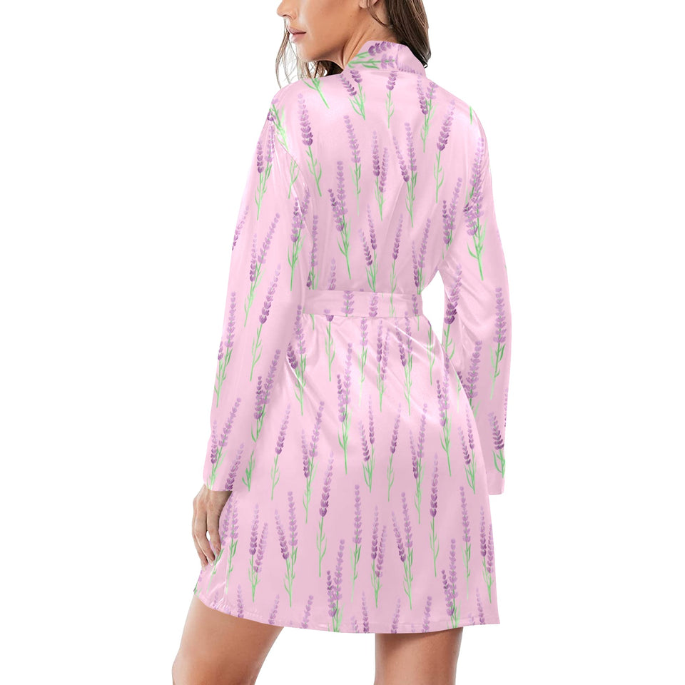 Lavender pattern pink background Women's Long Sleeve Belted Night Robe