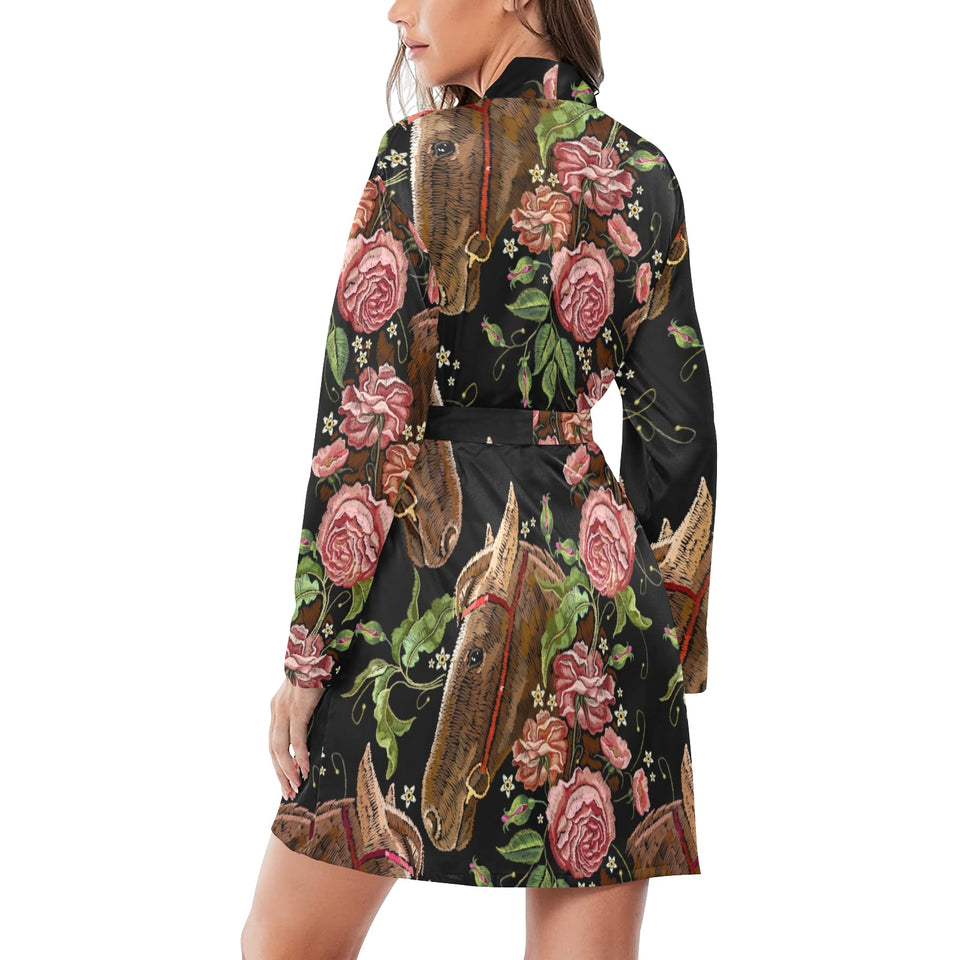 Horse head wild roses pattern Women's Long Sleeve Belted Night Robe