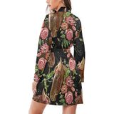 Horse head wild roses pattern Women's Long Sleeve Belted Night Robe