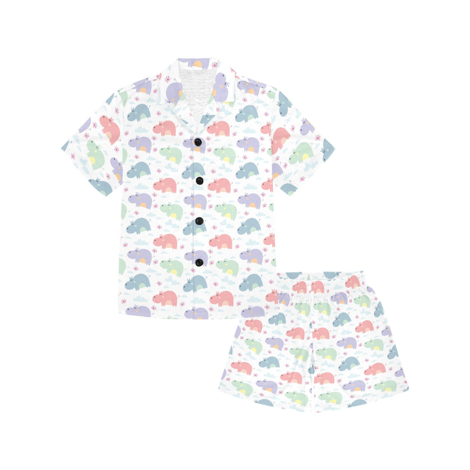 Hippopotamus Pattern Print Design 03 Kids' Boys' Girls' V-Neck Short Pajama Set