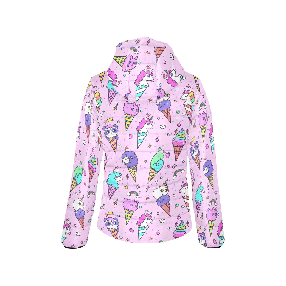 Cute ice cream cone animal pattern Women's Padded Hooded Jacket