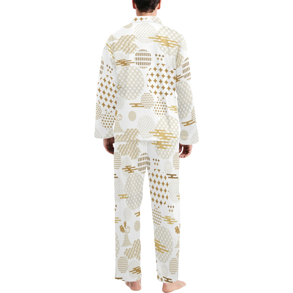 Beautiful gold japanese pattern Men's Long Pajama Set
