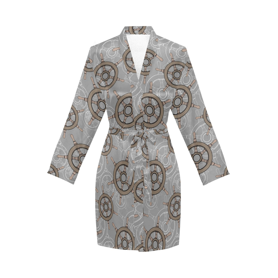 nautical wood steering wheel pattern Women's Long Sleeve Belted Night Robe