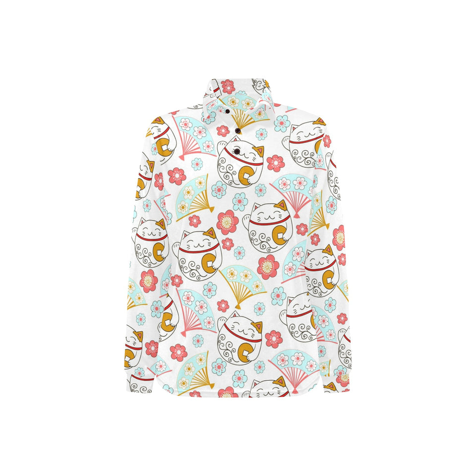 Maneki neko cat fan sakura Women's Long Sleeve Polo Shirt