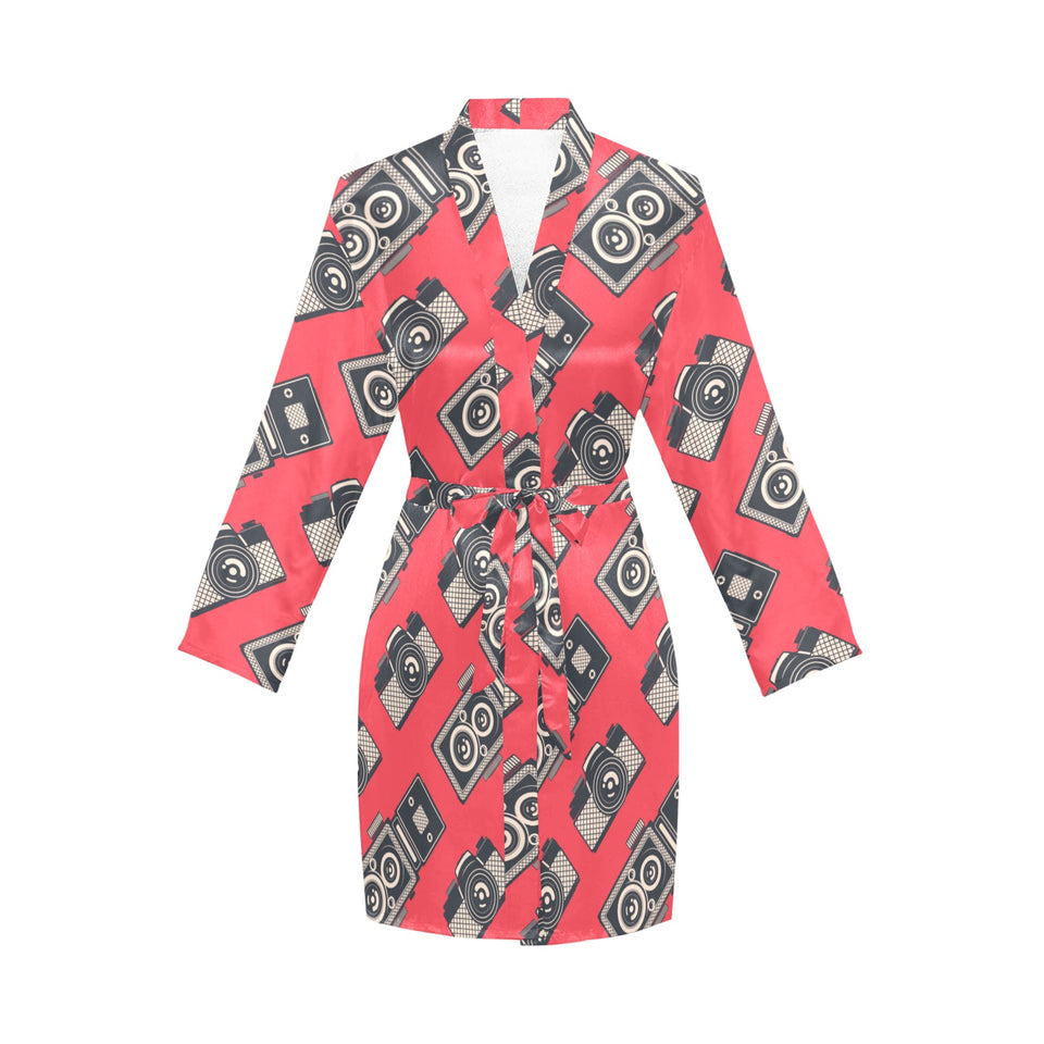 Camera Pattern Print Design 05 Women's Long Sleeve Belted Night Robe