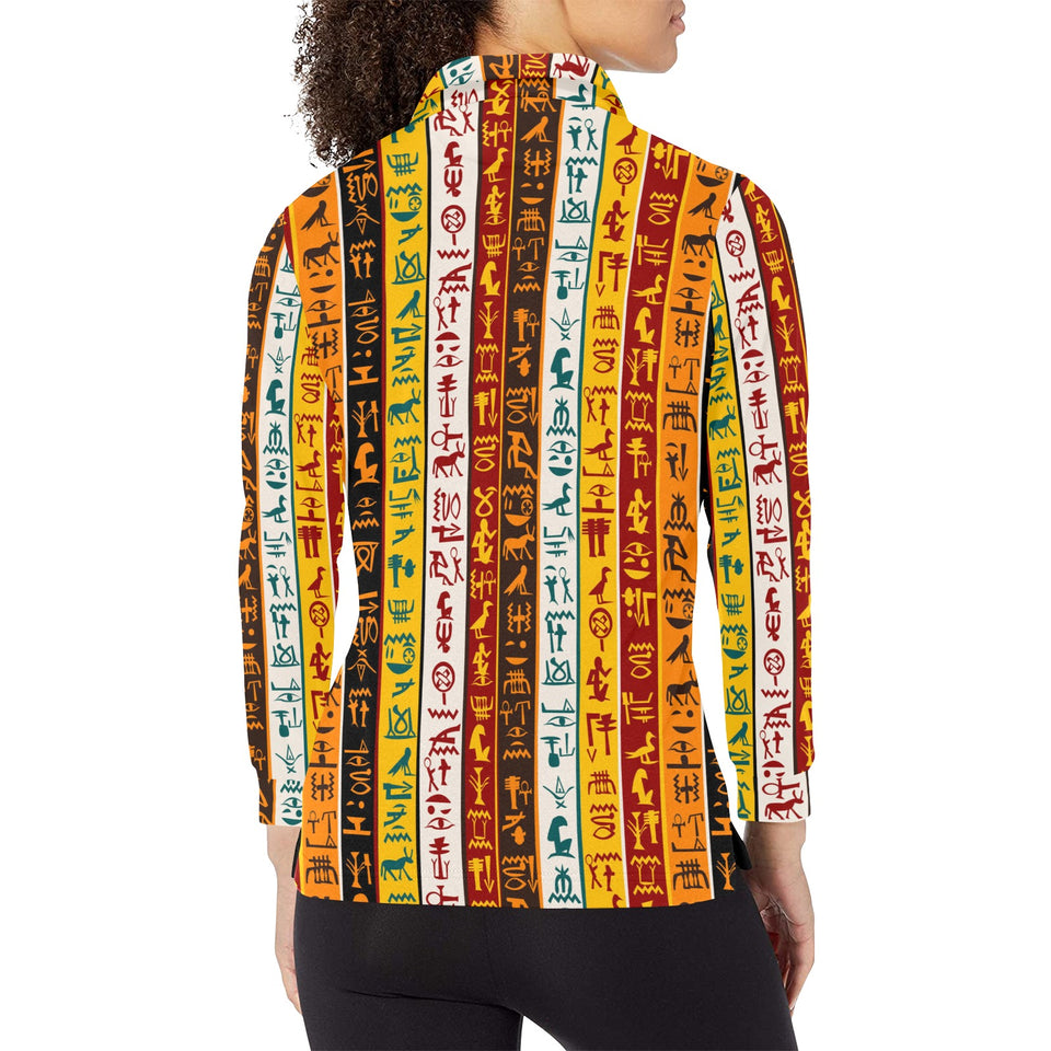 Egypt Hieroglyphics Pattern Print Design 01 Women's Long Sleeve Polo Shirt