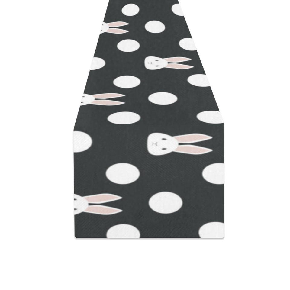 Cute white rabbit polka dots black background Table Runner